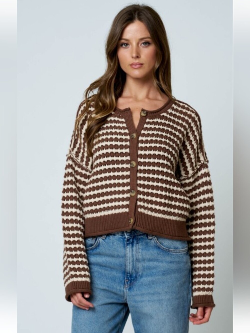 Blu Pepper Brown & Cream Striped Button-Up Knit Cardigan Sweater NWT